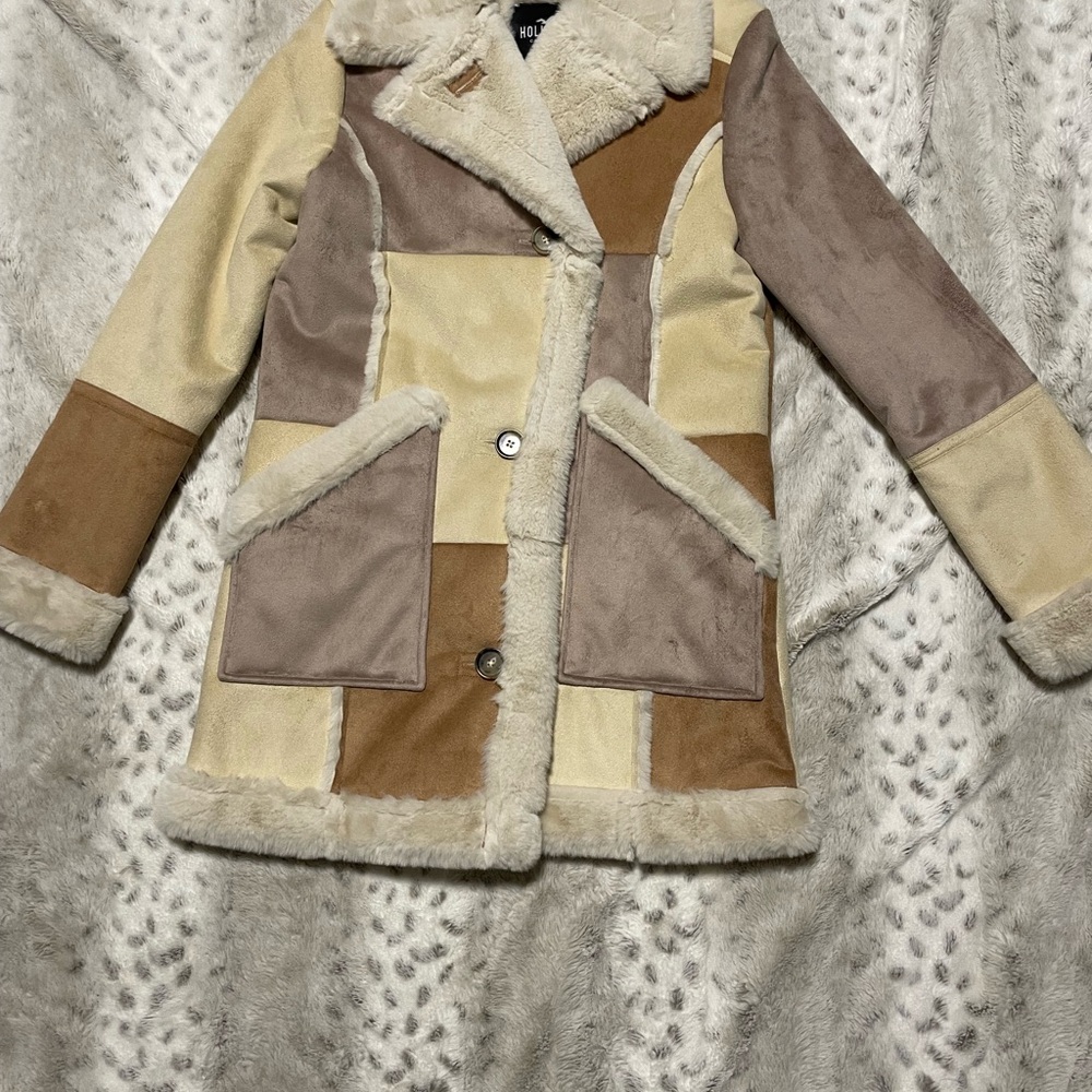 Patchwork Pea Coat - Hollister: Brown and Cream